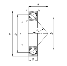 角接觸球軸承 7313-B-TVP, 根據 DIN 628-1 標準的主要尺寸，接觸角 α = 40°