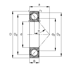 角接觸球軸承 7306-B-2RS-TVP, 根據 DIN 628-1 標準的主要尺寸，接觸角 α = 40°，兩側唇密封