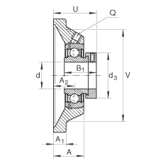 軸承座單元 PCJ30-N-FA125, 帶四個螺栓孔的法蘭的軸承座單元，鑄鐵，偏心鎖圈，P型密封，耐腐蝕保護